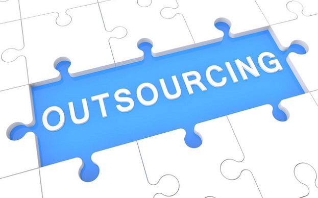 Outsourcing - puzzle 3d render illustration with word on blue background